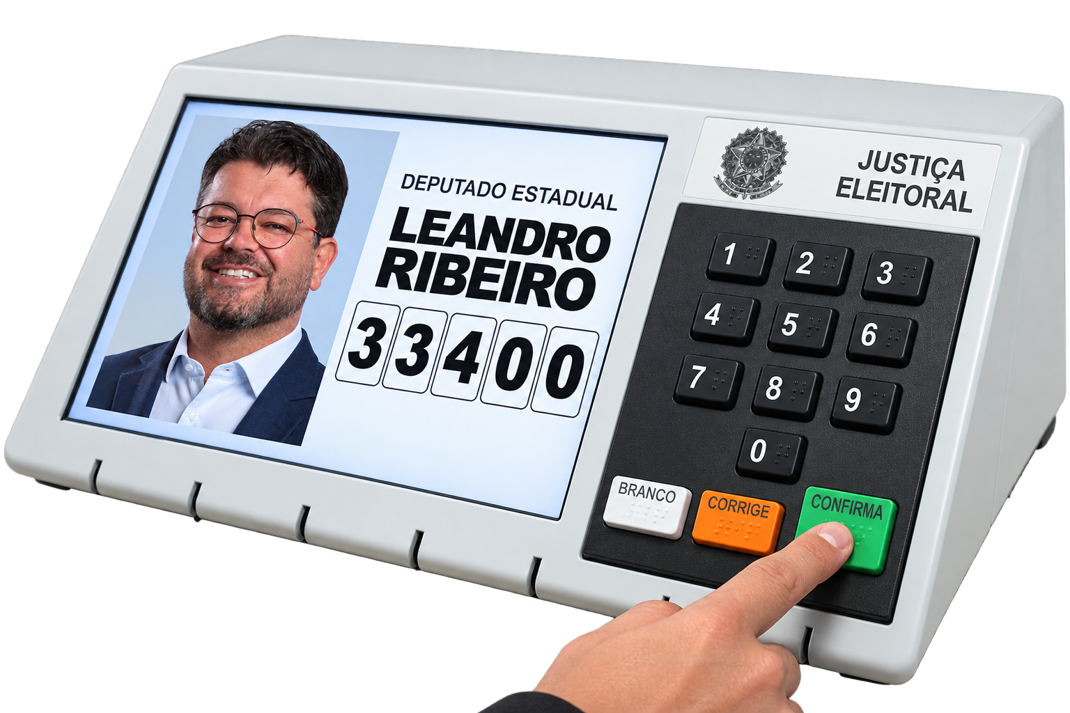 Ilustração de urna com Leandro Ribeiro e o número 33400